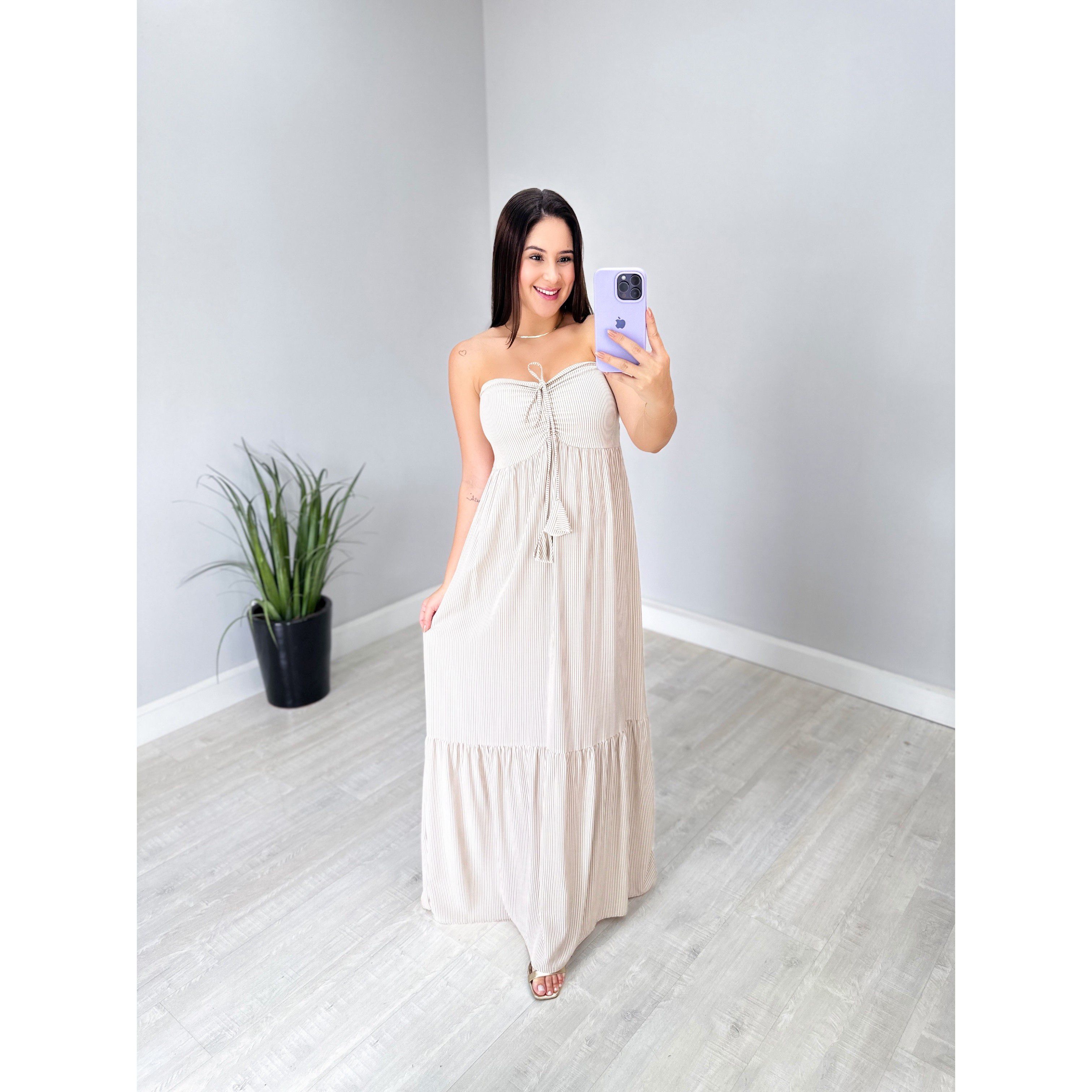 Vestido Longo Amarra O Frontal Listras Nude Off Lelle Co