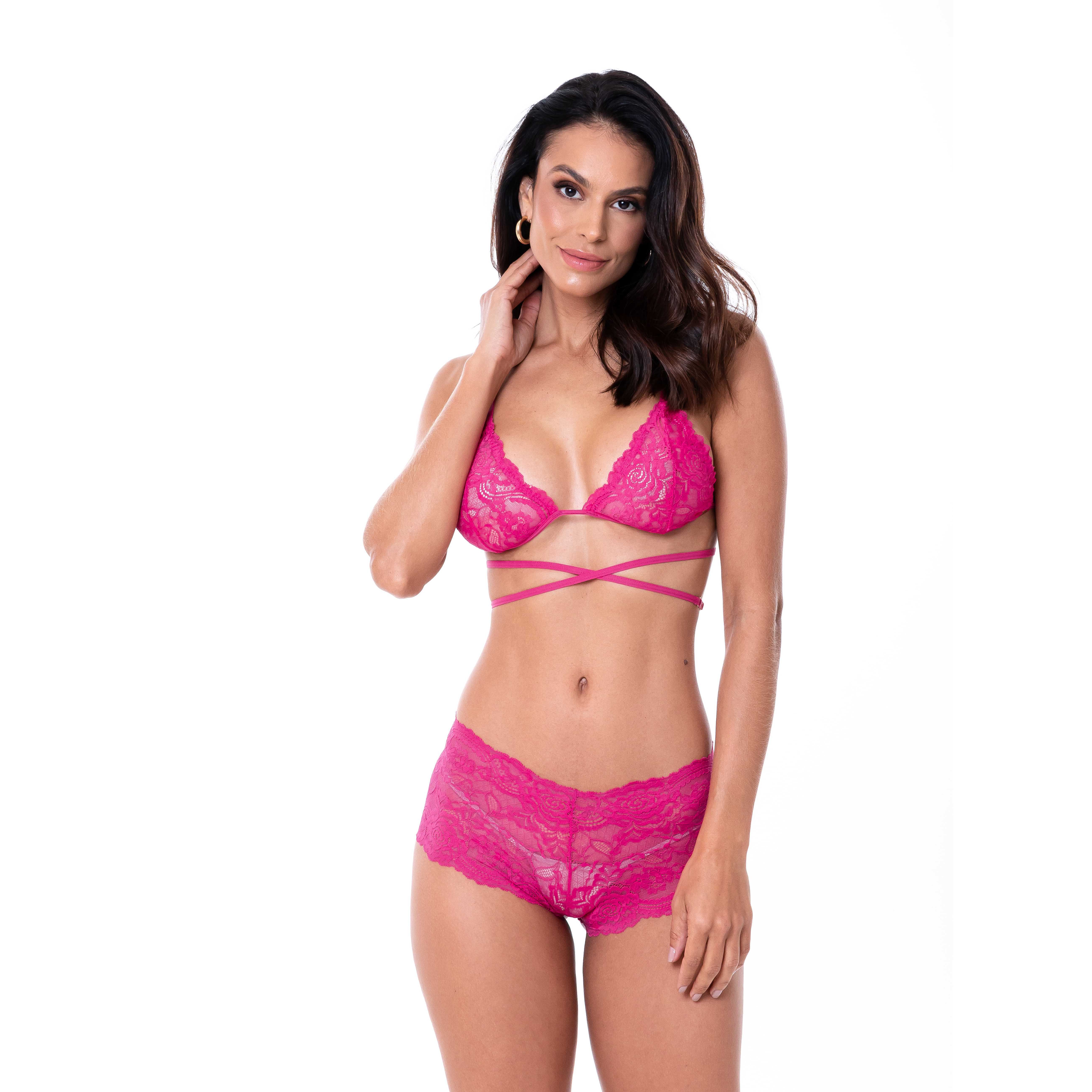 Conjunto Lingerie De Renda Pink Para Tran Ar Costas Frente Haldrys