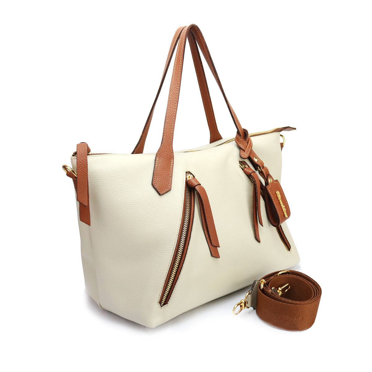 Bolsa Feminina Bowling Couro Legitimo Off White Detalhes Whisky