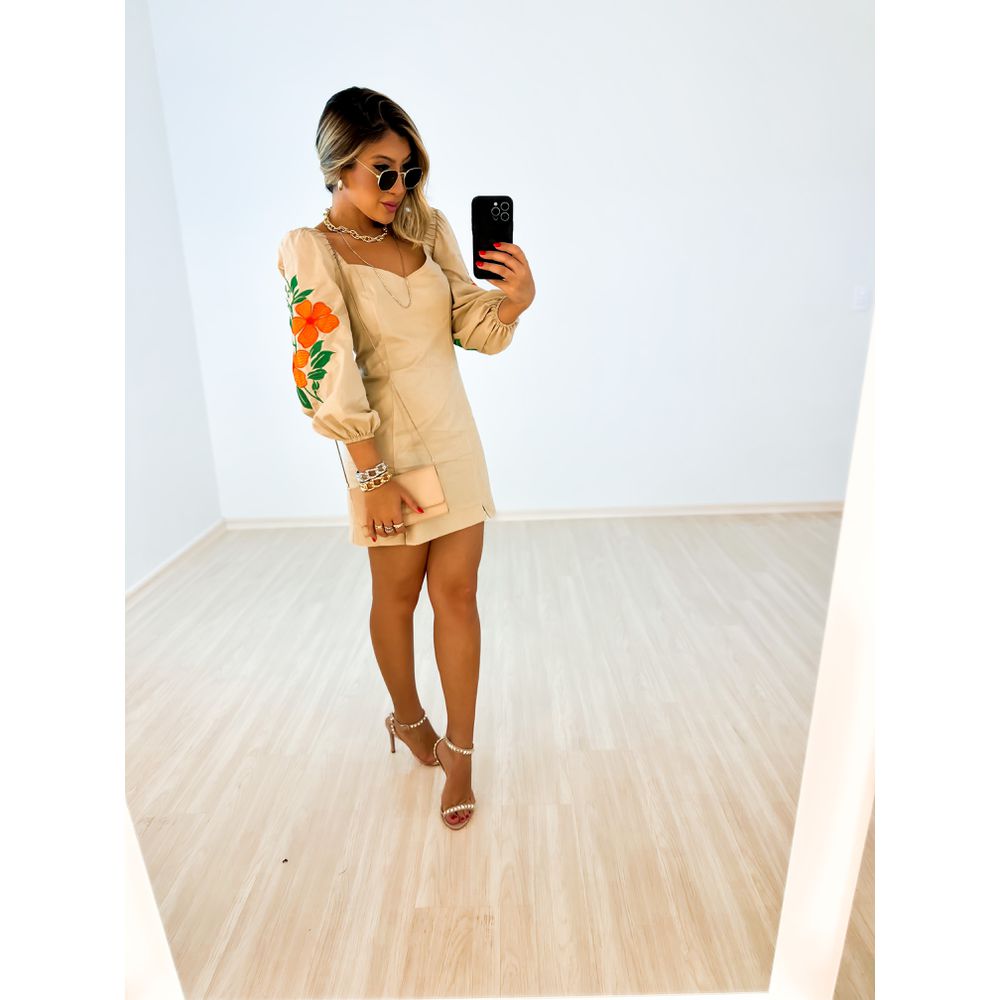 Vestido Fl Via Bordado Nude Carolla Ferraro