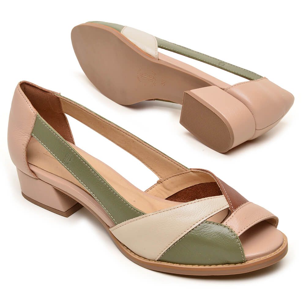 Sapato Peep Toe Couro Nude S Lvia Chocolate E Off White Bubbl