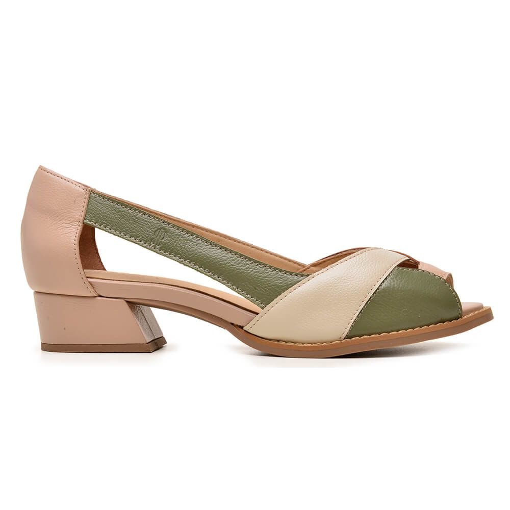Sapato Peep Toe Couro Nude S Lvia Chocolate E Off White Bubbl