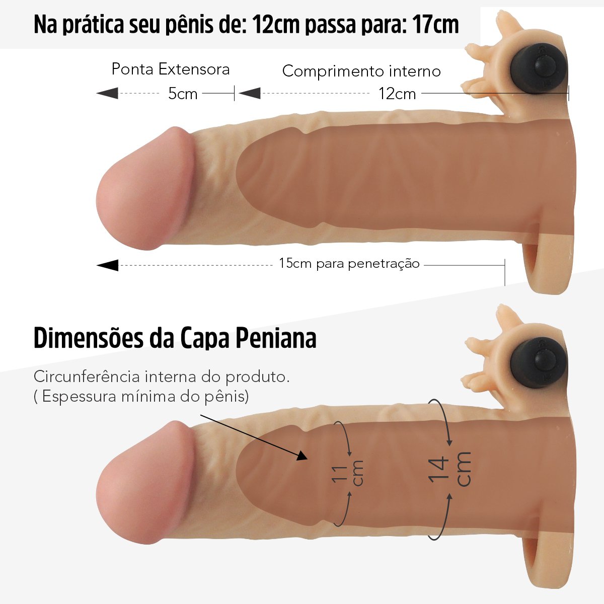 Capa Peniana Com Extensor de 6,5cm e Vibro 17cm (CA030 - 16977)-Bege-Único  ♥ Sex Shop Atacado Star: Produtos Eróticos e lingerie