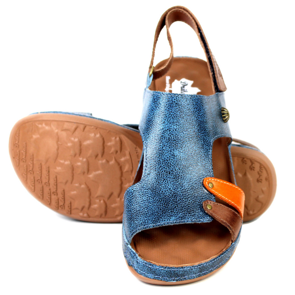 SSandália Bem-Estar Ortopédica em Couro Legítimo - Bicolor Azul