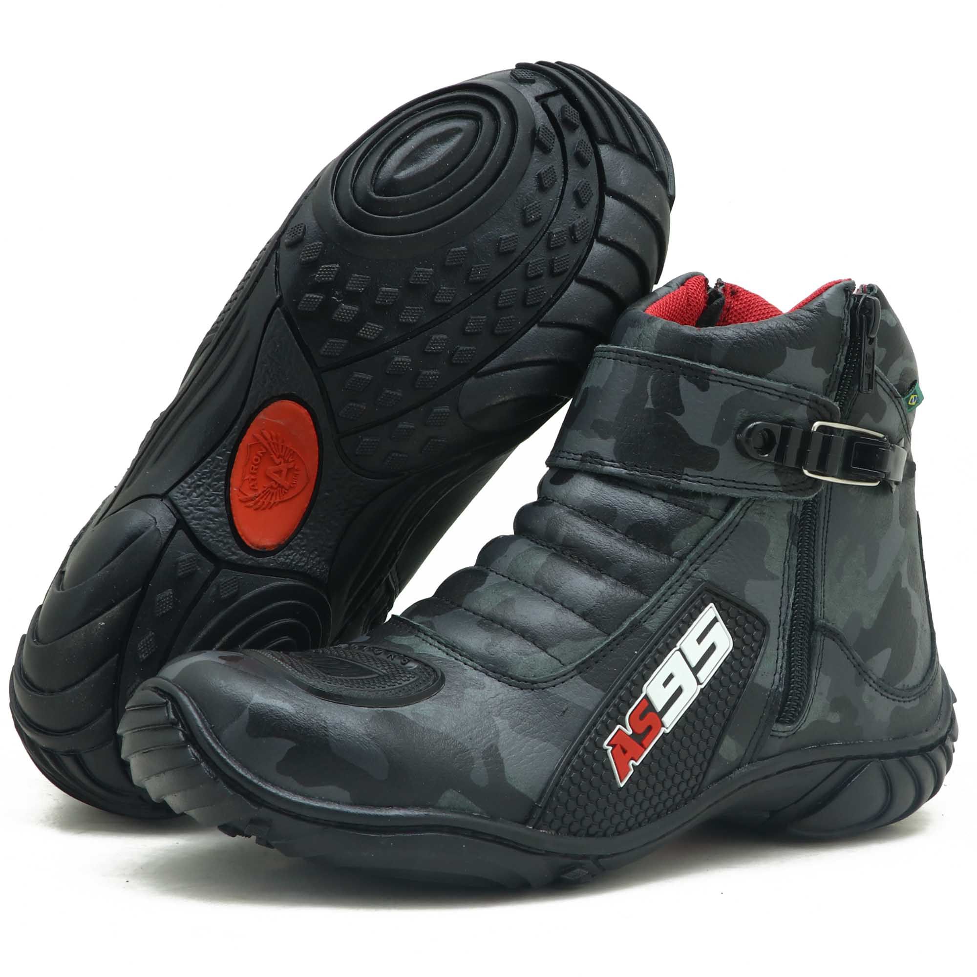 Bota motociclista em couro legítimo camuflado cinza AS95 095 | Atron Shoes