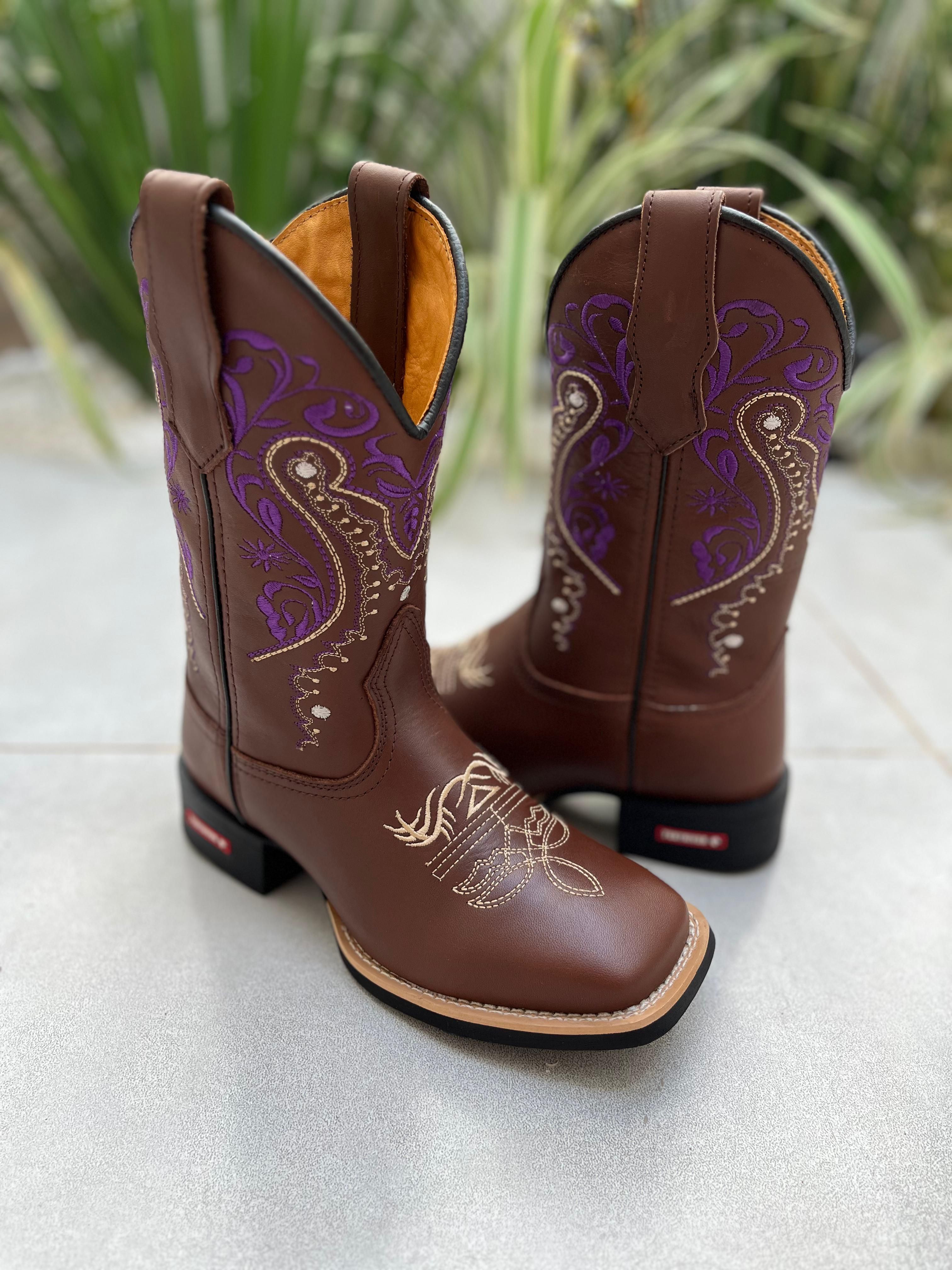 BOTA TEXANA EM COURO BORDADO TRIBAL ROXO E DOURADO CANO TRADICIONAL ...