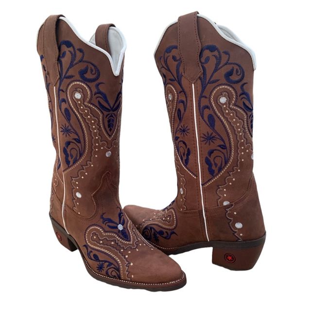 BOTA TEXANA EM COURO TRIBAL AZUL BICO FINO | Botas Texanas Bruto