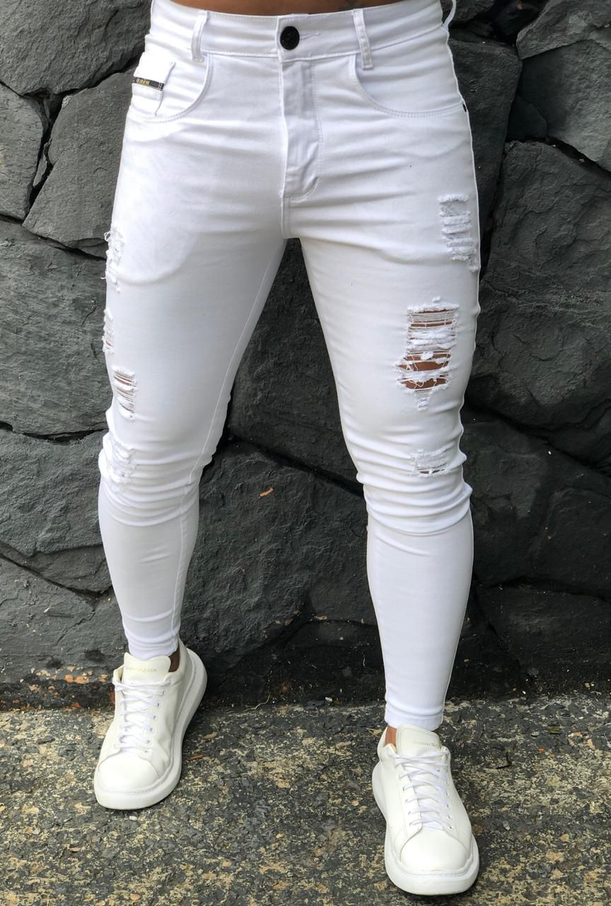CalÃ§a Rasgada Branca Masculina Calça Skinny Branca Destroyed