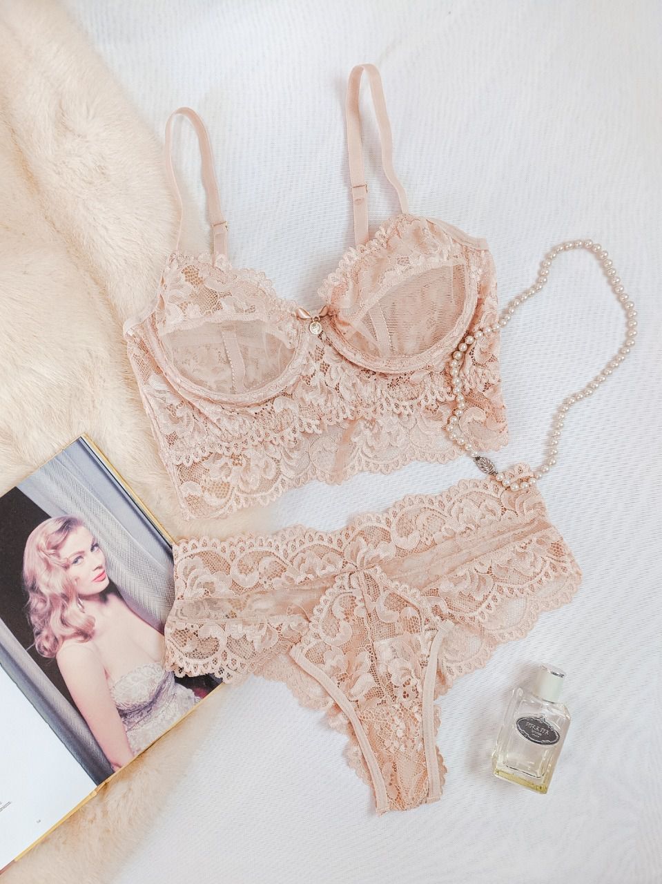 Conjunto Lingerie Renda Sem Bojo Com Aro - Dama Glamour Nude