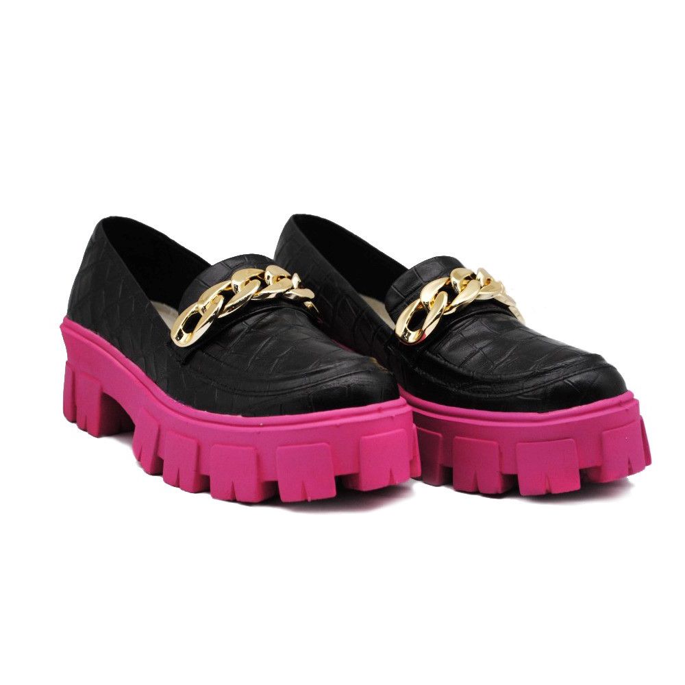 Sapato Mocassim Feminino Oxford Tratorado Craquel Preto e Pink