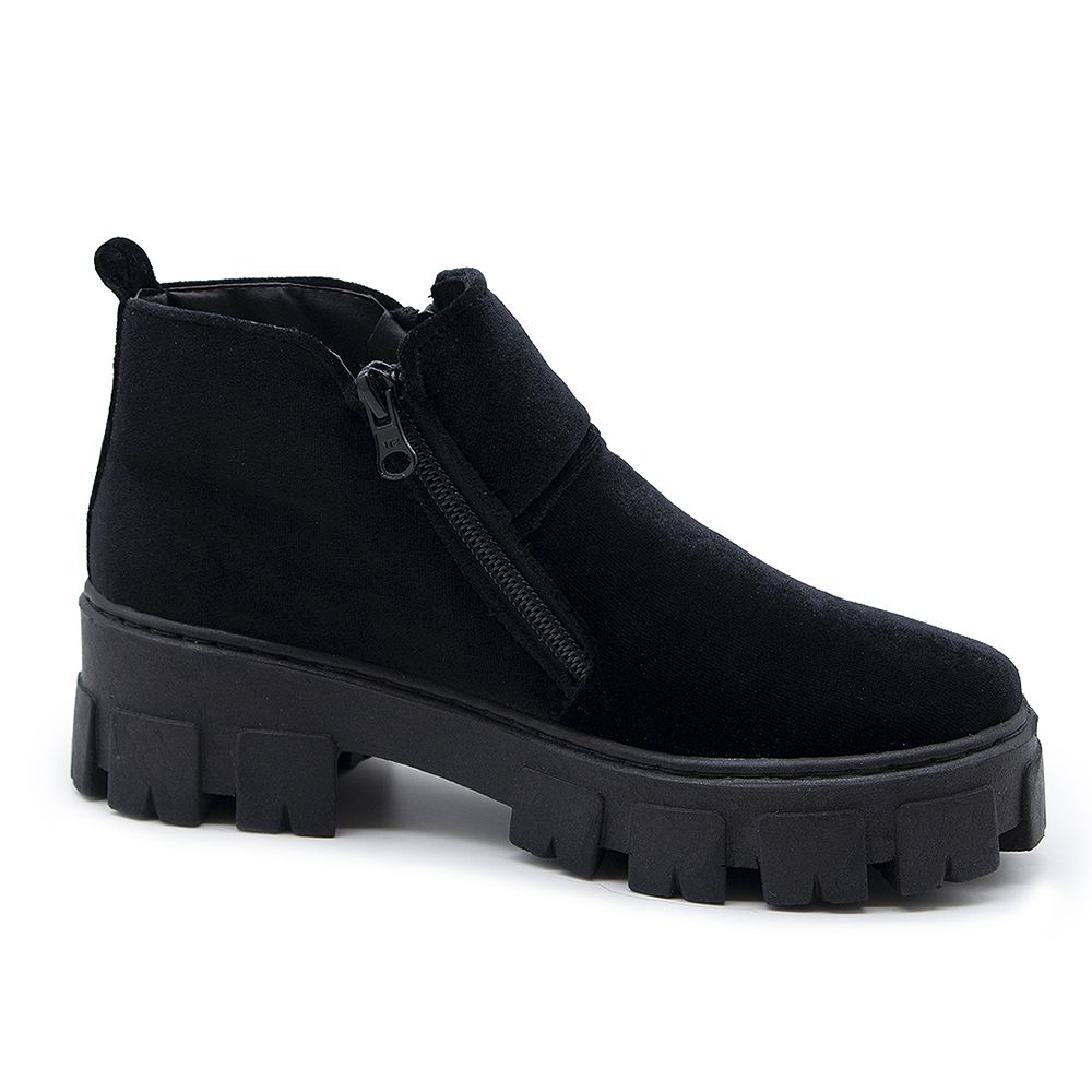 Bota Feminina Tratorada Couro Legitimo Veludo Preto KRN SHOES