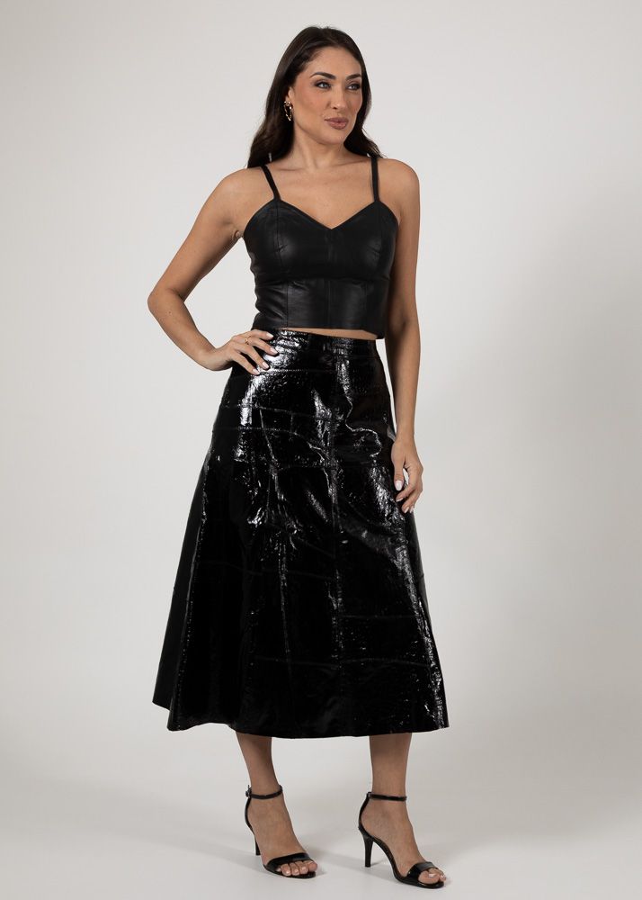 Saia De Couro Pelica Patchwork Feminina Croco Verniz Preto Elite