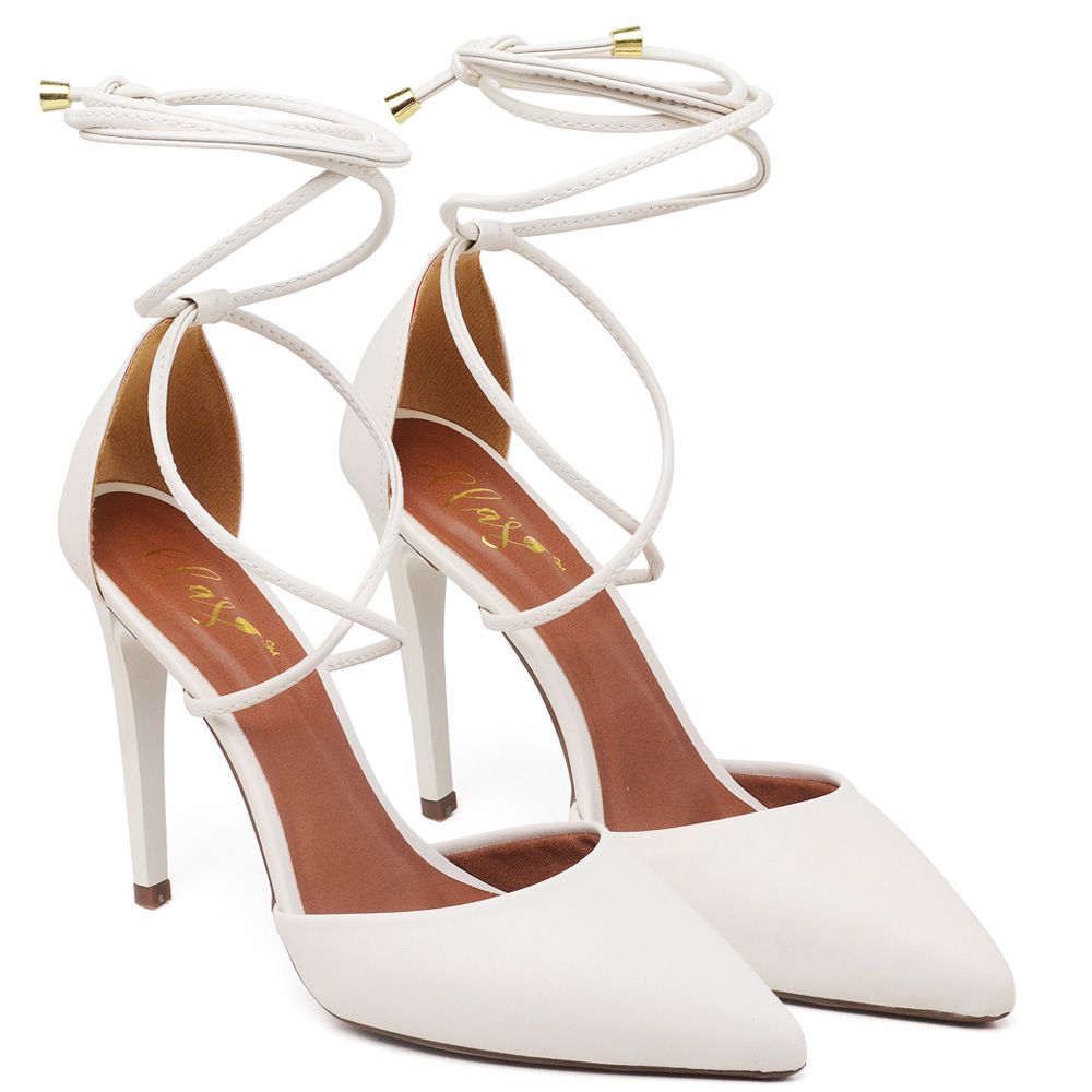 Scarpin Salto Alto Bico Folha com Tiras Napa branco | ELLA´S ONLINE ...