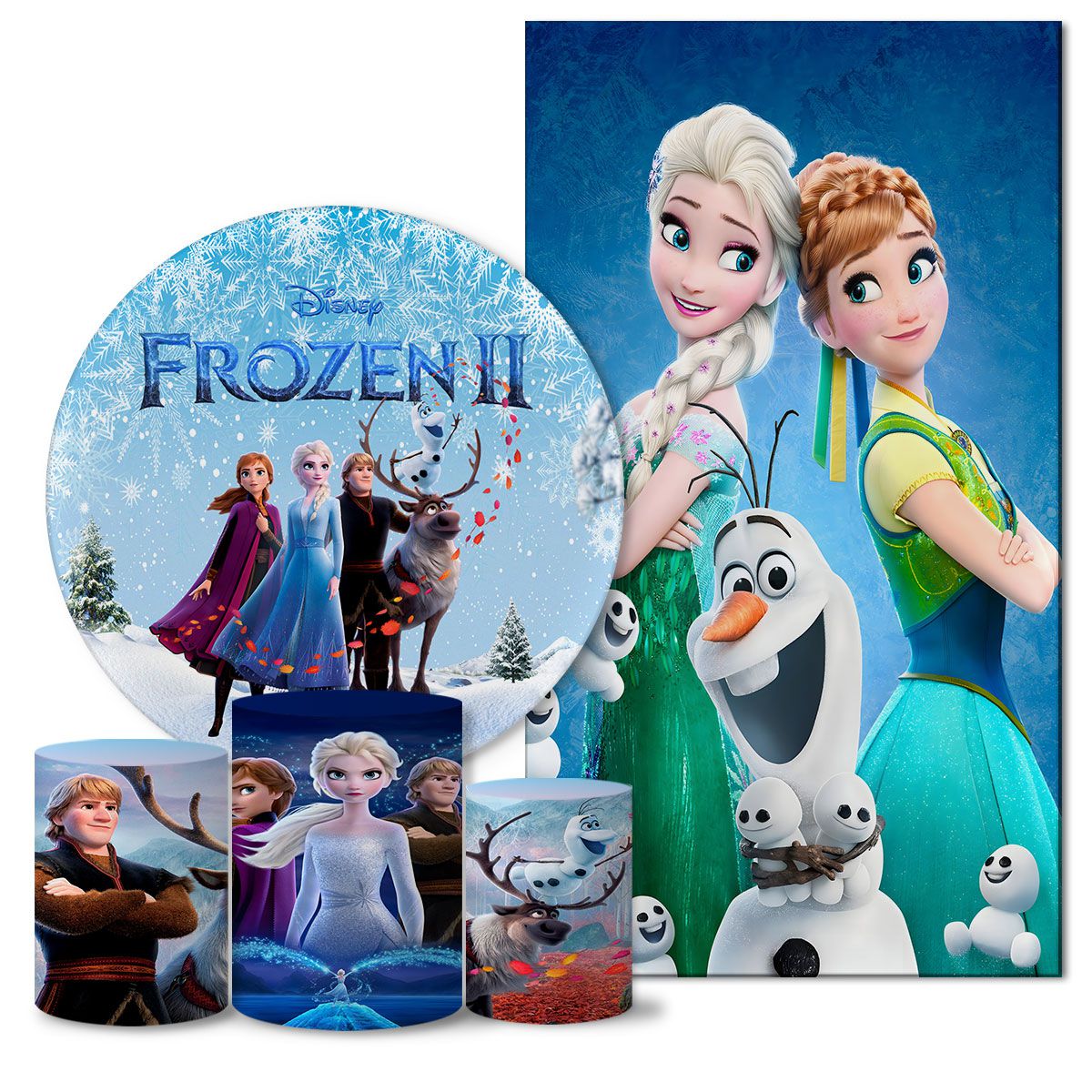 Kit Painel De Festa Frozen 2 Redondo + Trio De Cilindros Em Tecido