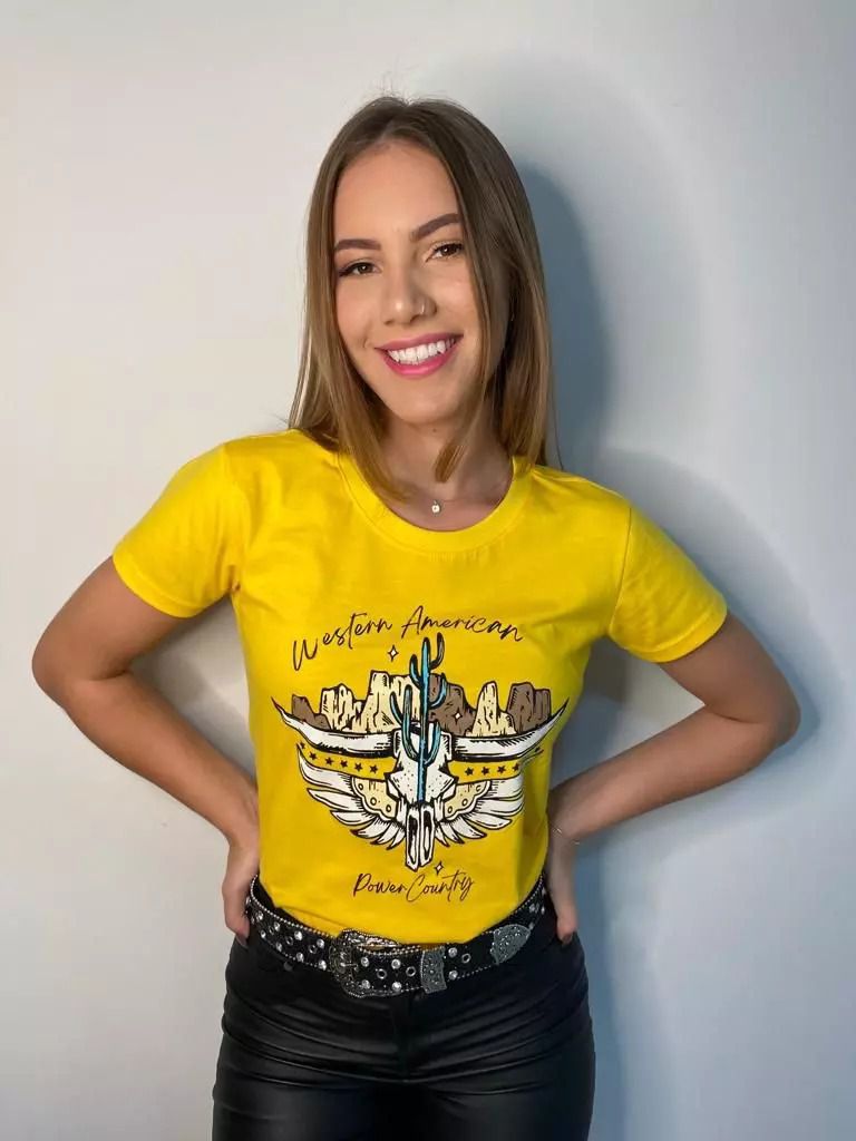 T-shirt country feminina estampada amarela