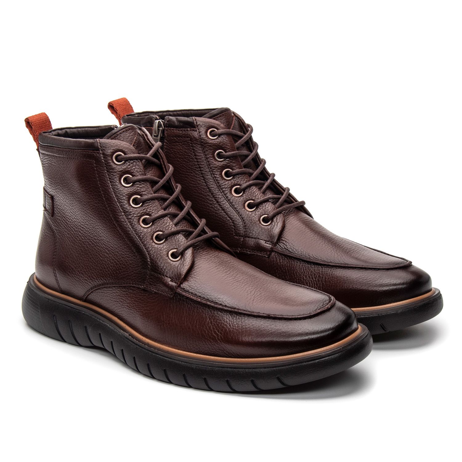 Bota Masculina Casual com Cadarço e Zíper de Couro Pinhão JACOMETTI