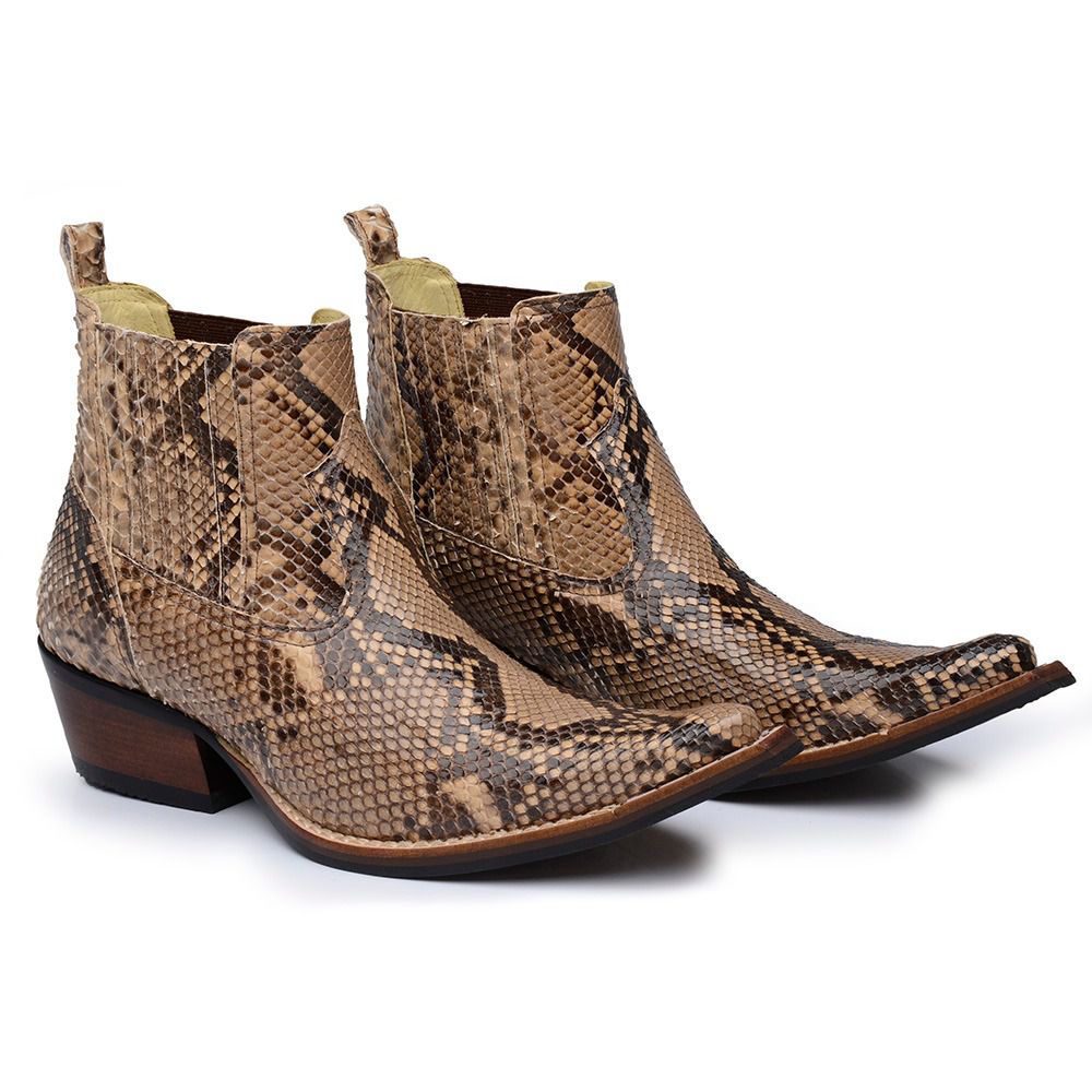 Botina Exótica Country Masculina Bico Fino Couro Piton Bege | JM Country