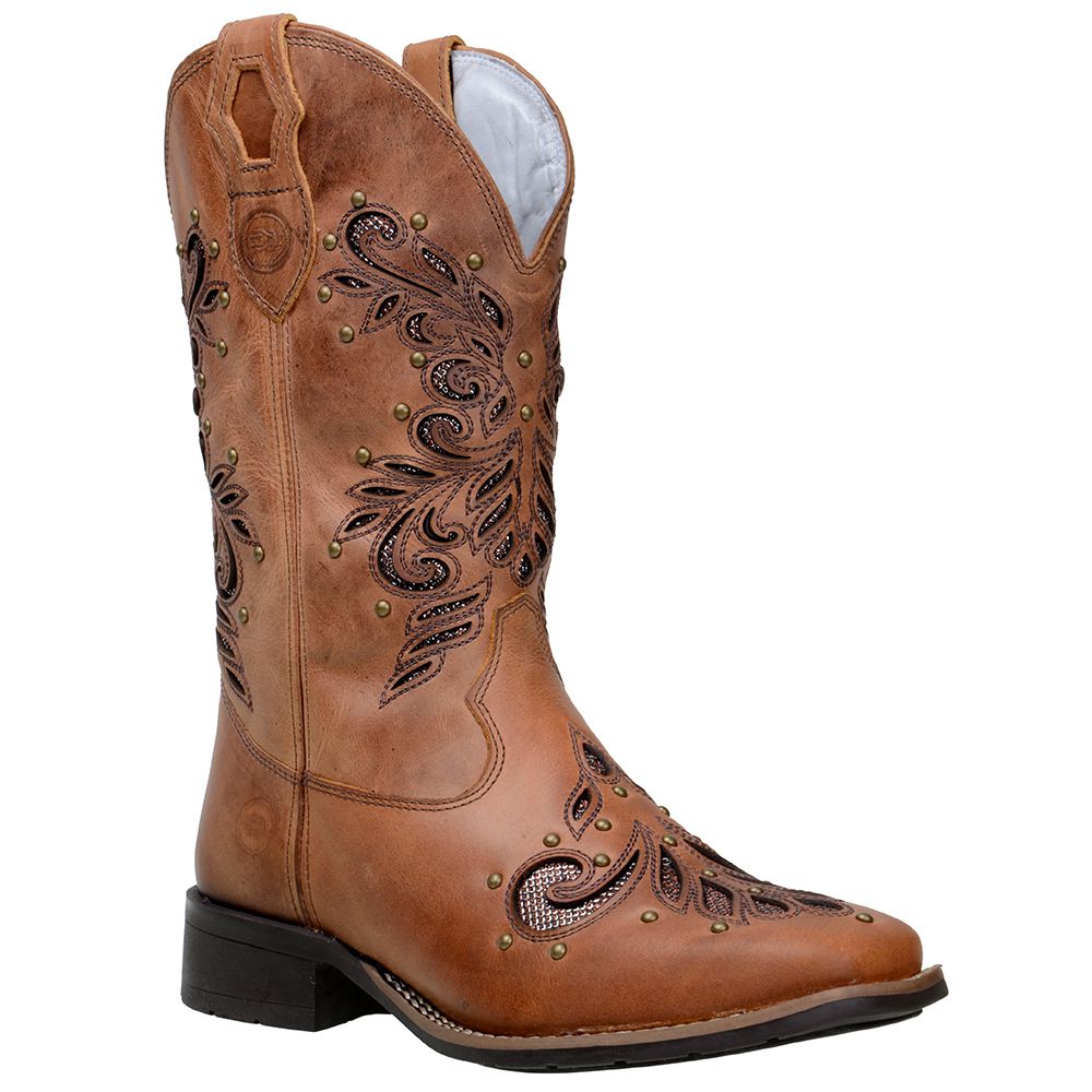 Bota Texana Feminina Country Bico Quadrado Couro Legitimo Fóssil Castor ...