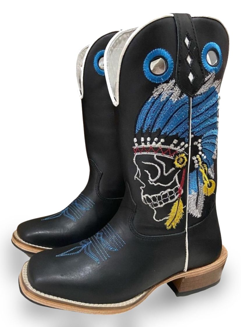 Bota Texana Carrapeta Couro Mustang Preto Cocar | JM Country