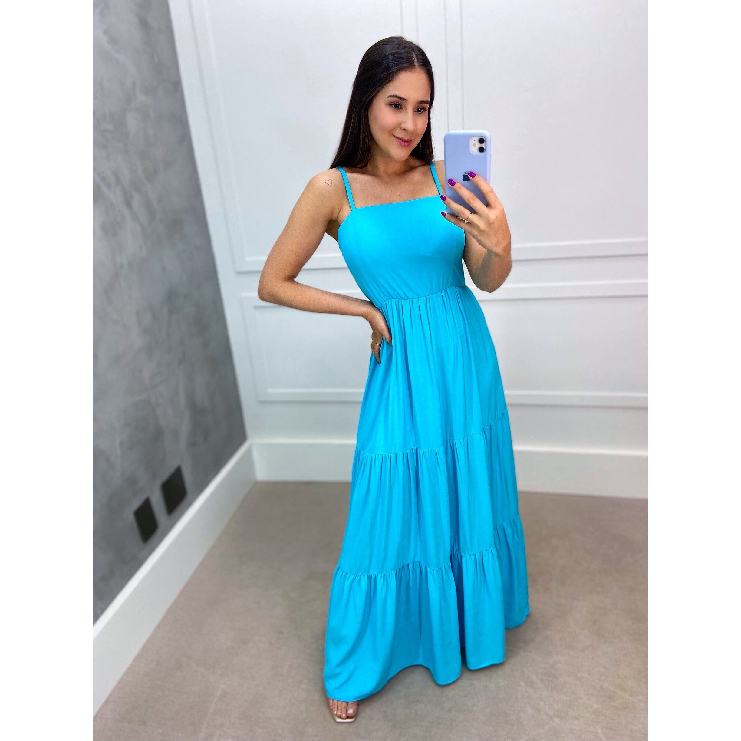 VESTIDO LONGO AL A FINA AZUL CELESTE Lelle Co