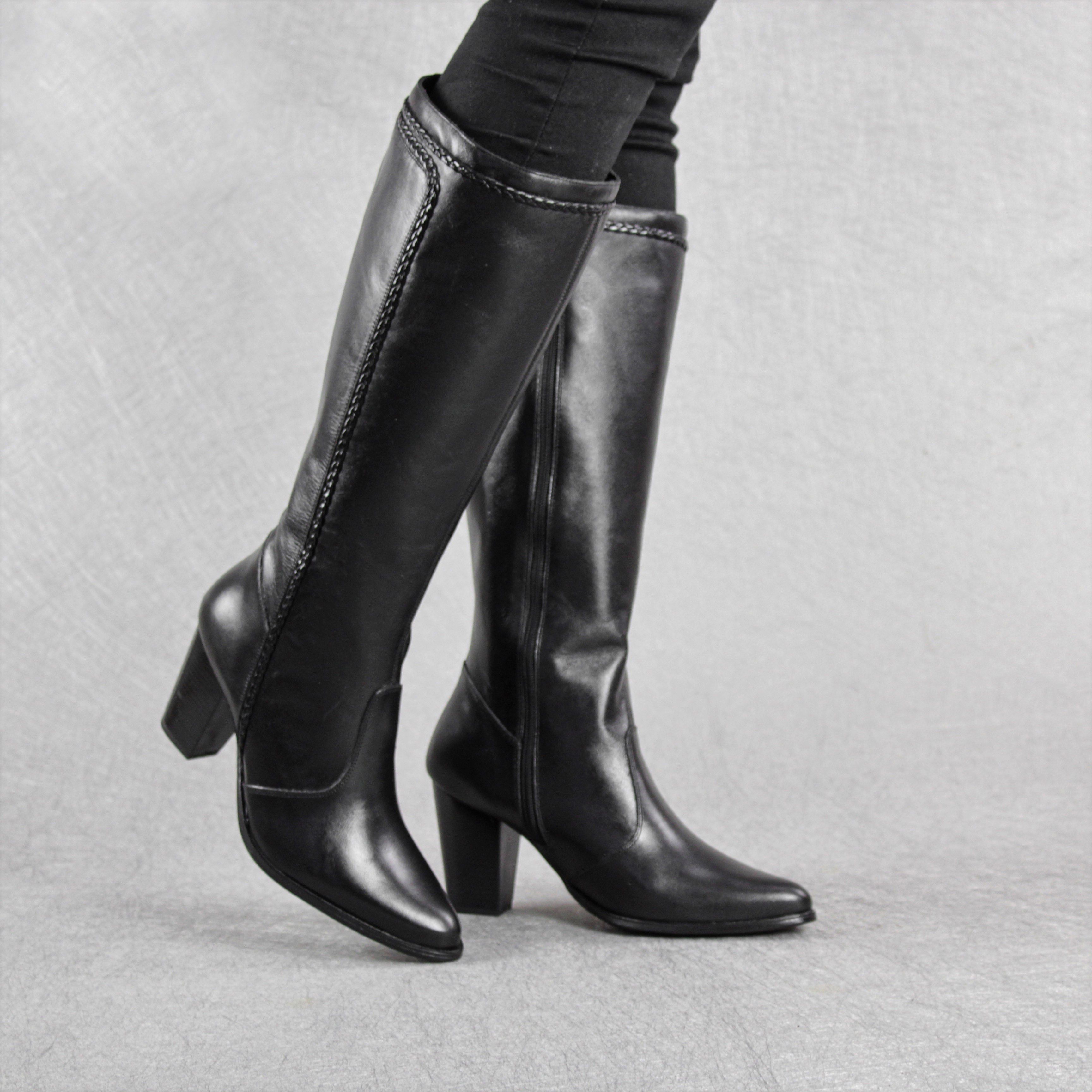 Bico Fino Bota Preta De Veludo Bico Fino Salto Alto Salto Grosso