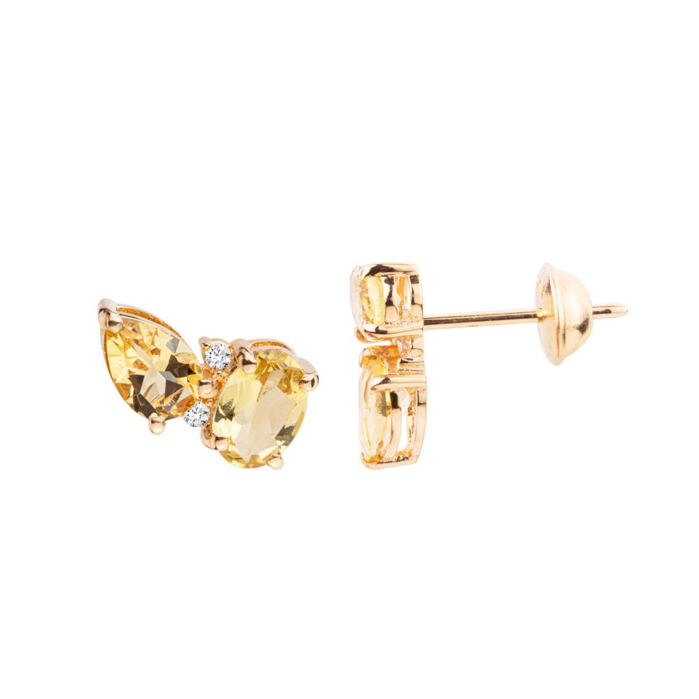 Brinco de Ouro 18K Pequeno Pedras Berillo e Brilhantes