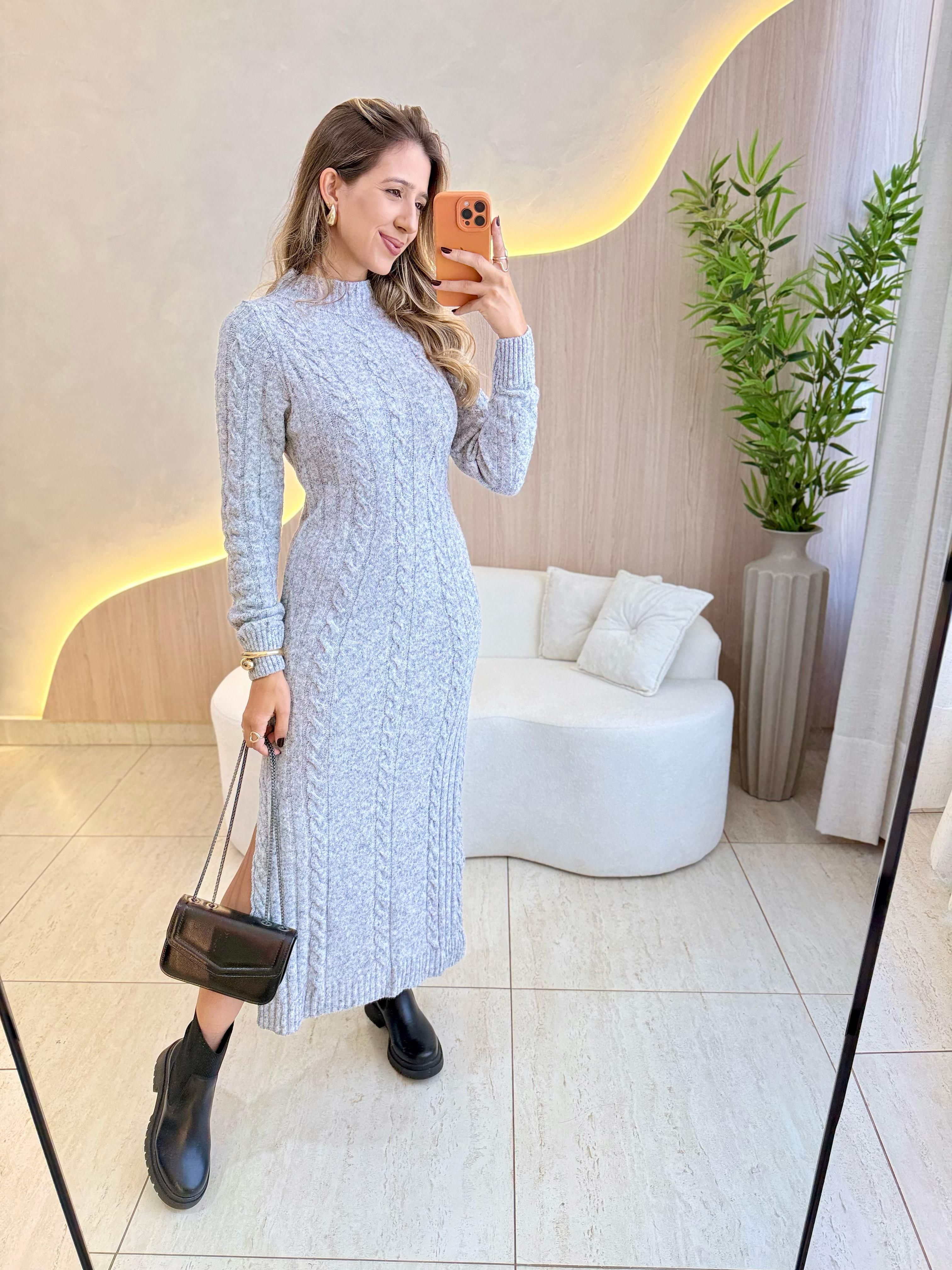 Tricot Vestido De TricÃ´ Com Bota VESTIDO MIDI TRICOT MOUSSE CINZA