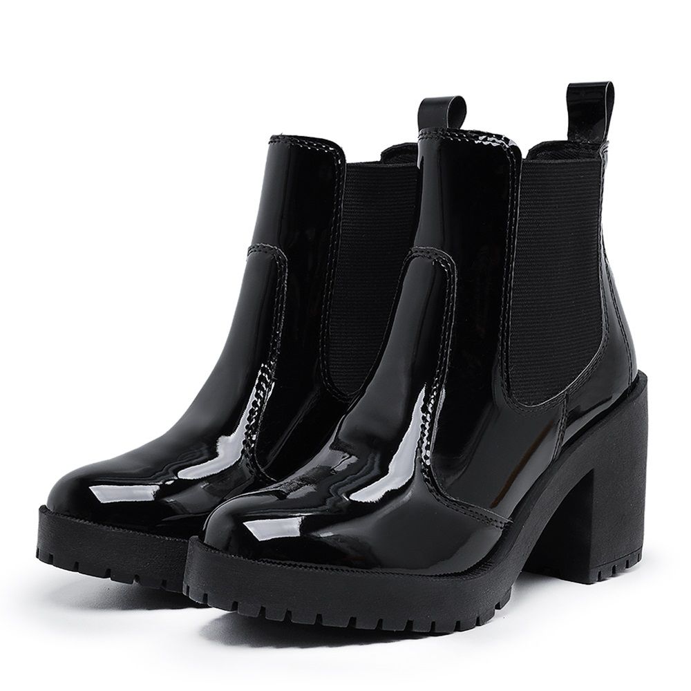 Bota Coturno Feminino Salto Médio Tratorada Elástico Confortável Preto  Verniz Myrol Outlet