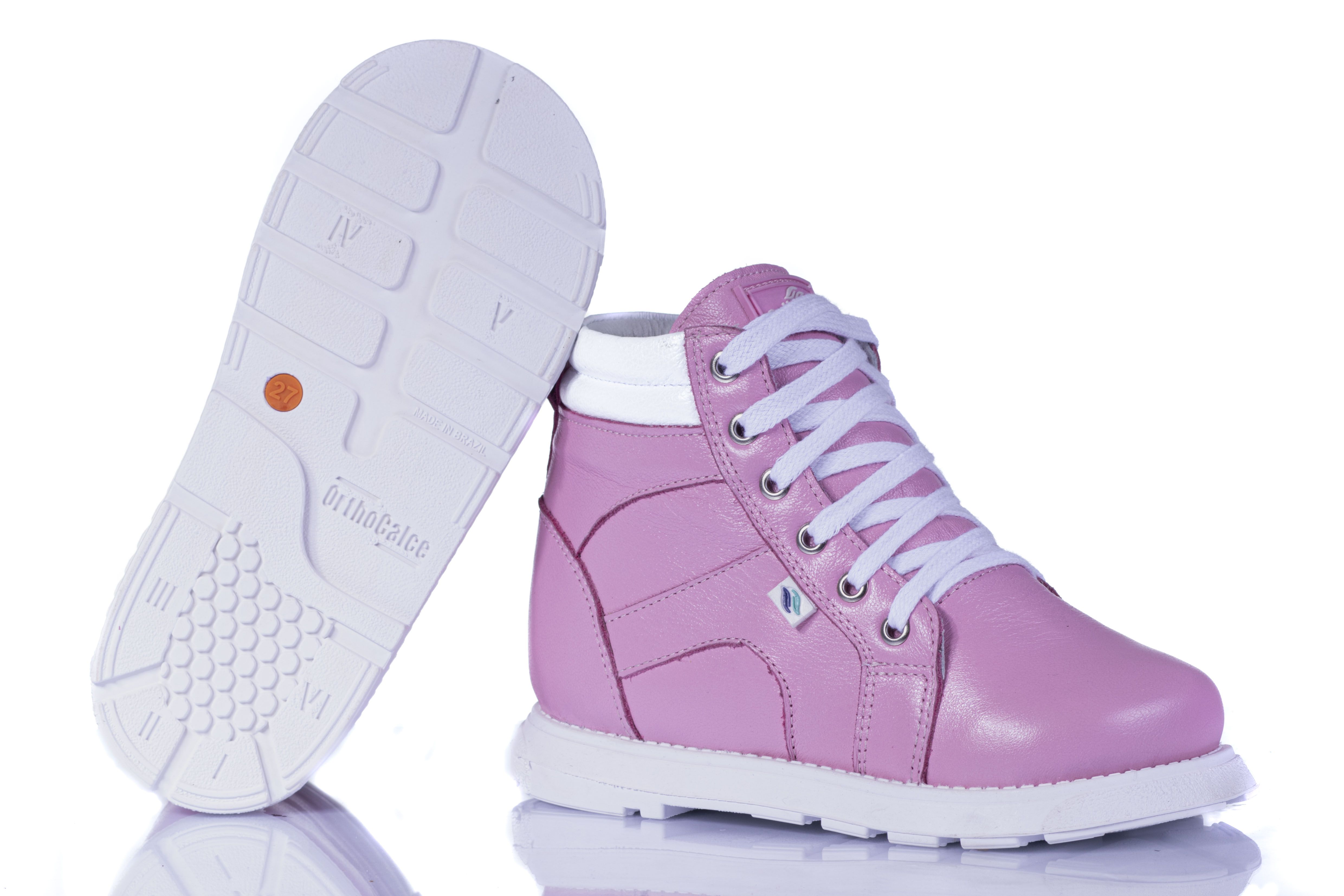 Bota Ortopédica Orthocalce Cano Alto em Couro Nobuck Rosa Bebê e