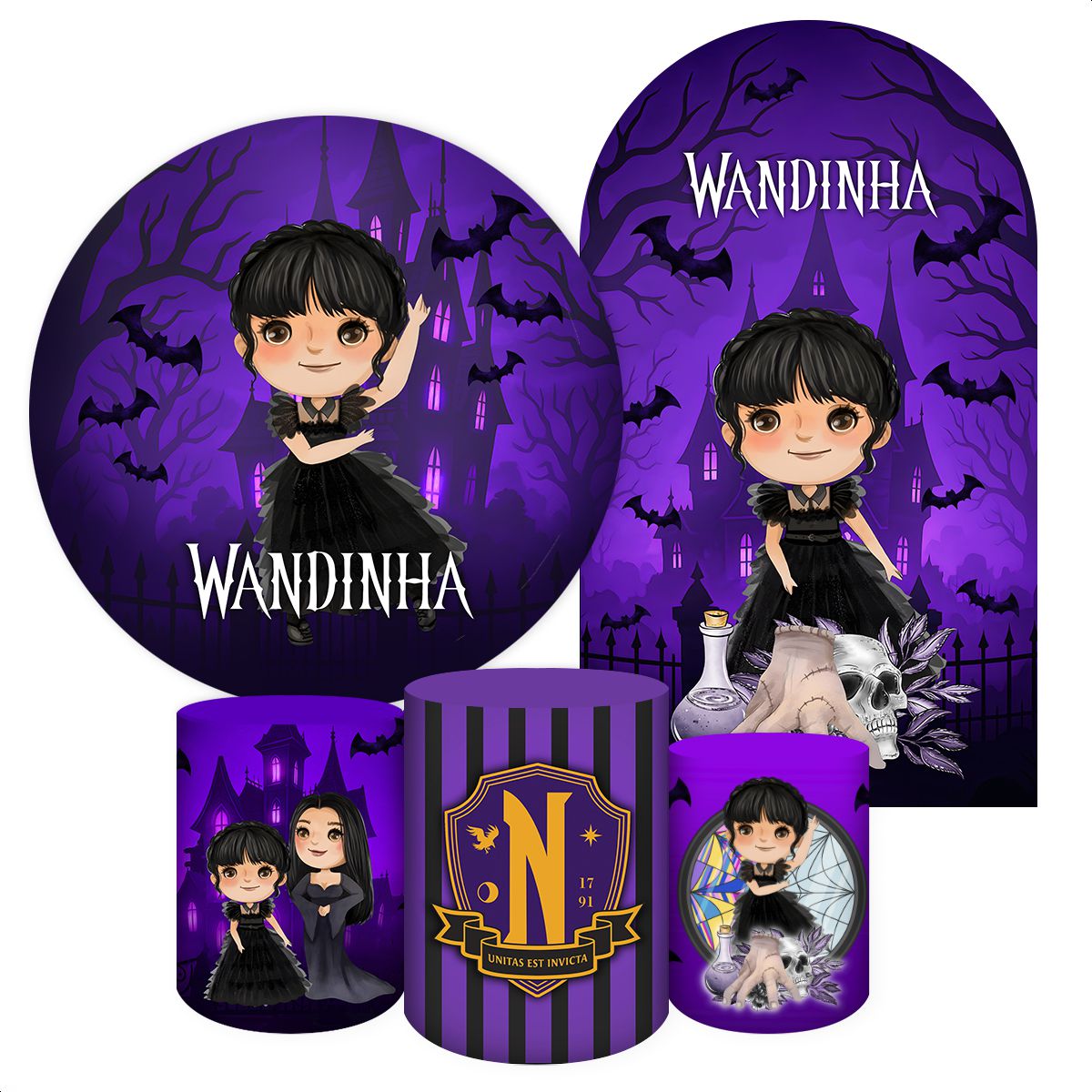 Kit 4 Capas + Romano Tema Wandinha 7095 | Painel Festivo
