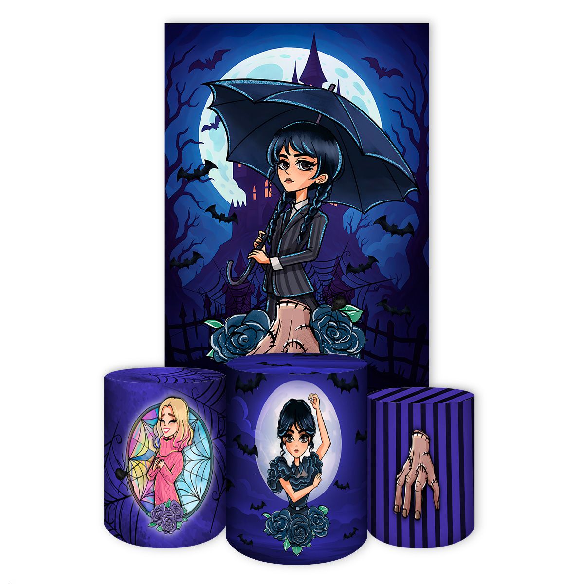 Retangular + Trio de Cilindros Tema Wandinha 7096 | Painel Festivo