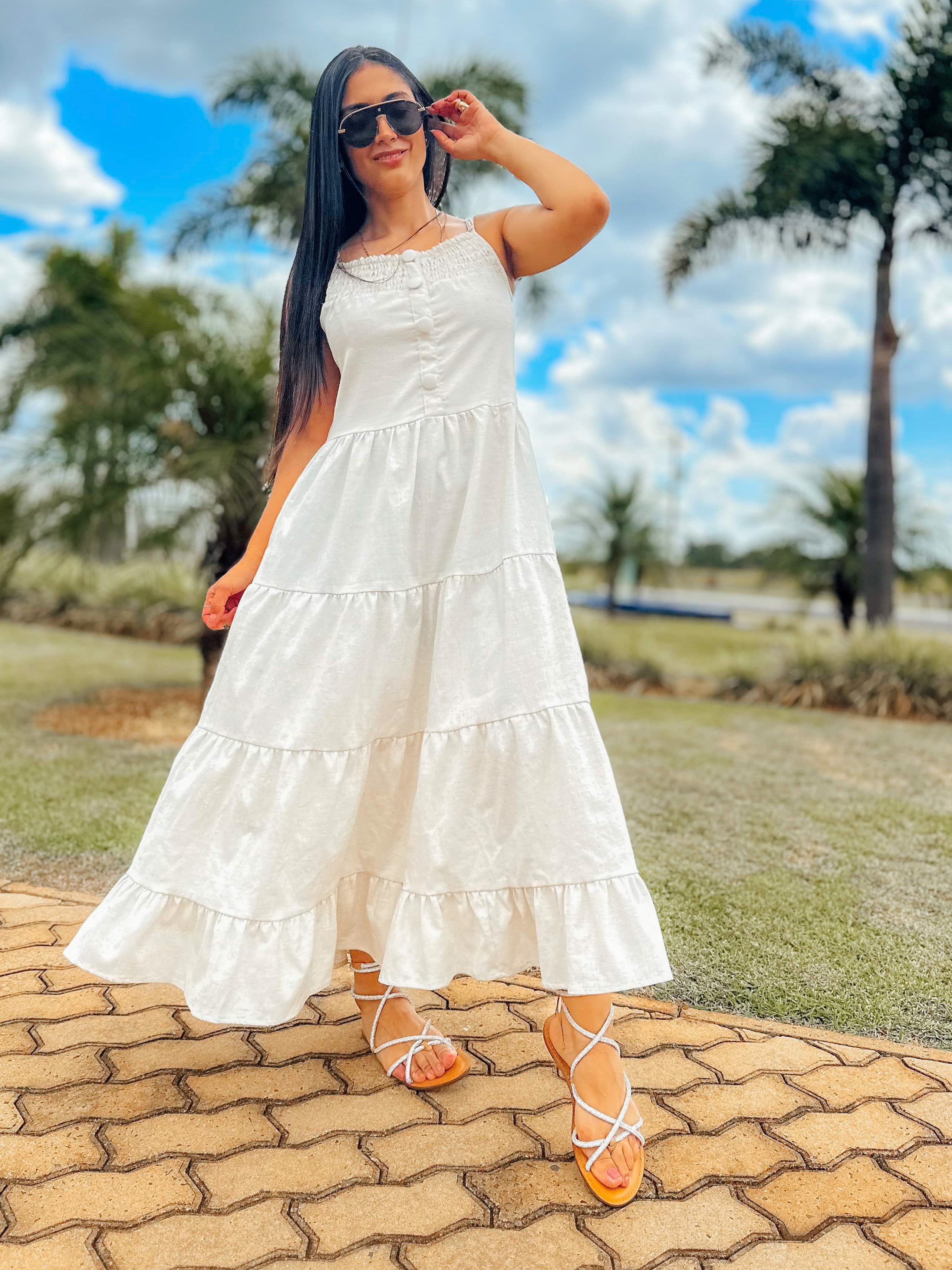 Vestido de store linho cor cru