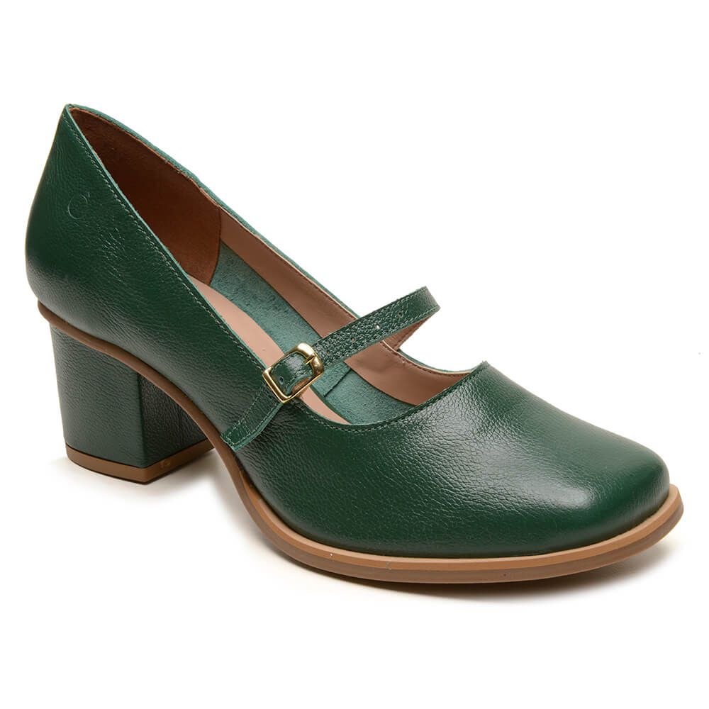 Sapato verde feminino com salto e fivela Sapato Retro