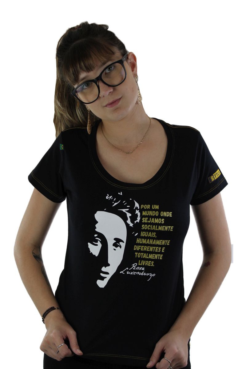 Camiseta Feminina - Babylook - Rosa Luxemburgo na cor preta da