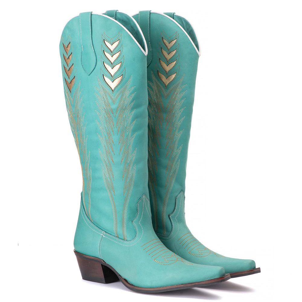 Bota Feminina Texana Tucson - Couro Turquesa - Solado P51 Rústico Preto ...
