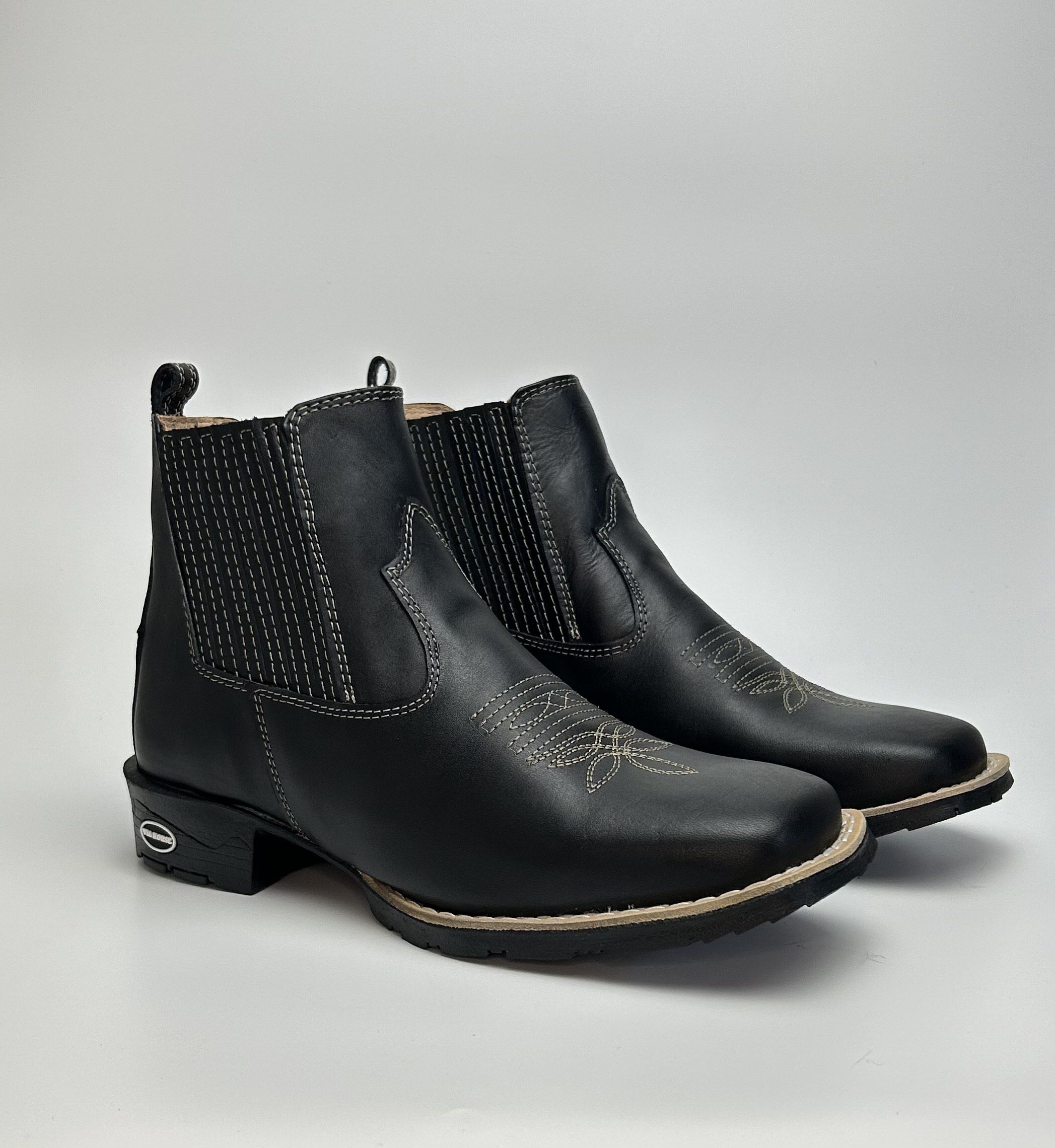 Botina Texana Masculina Country Couro Legítimo Preto Solado Borracha ...