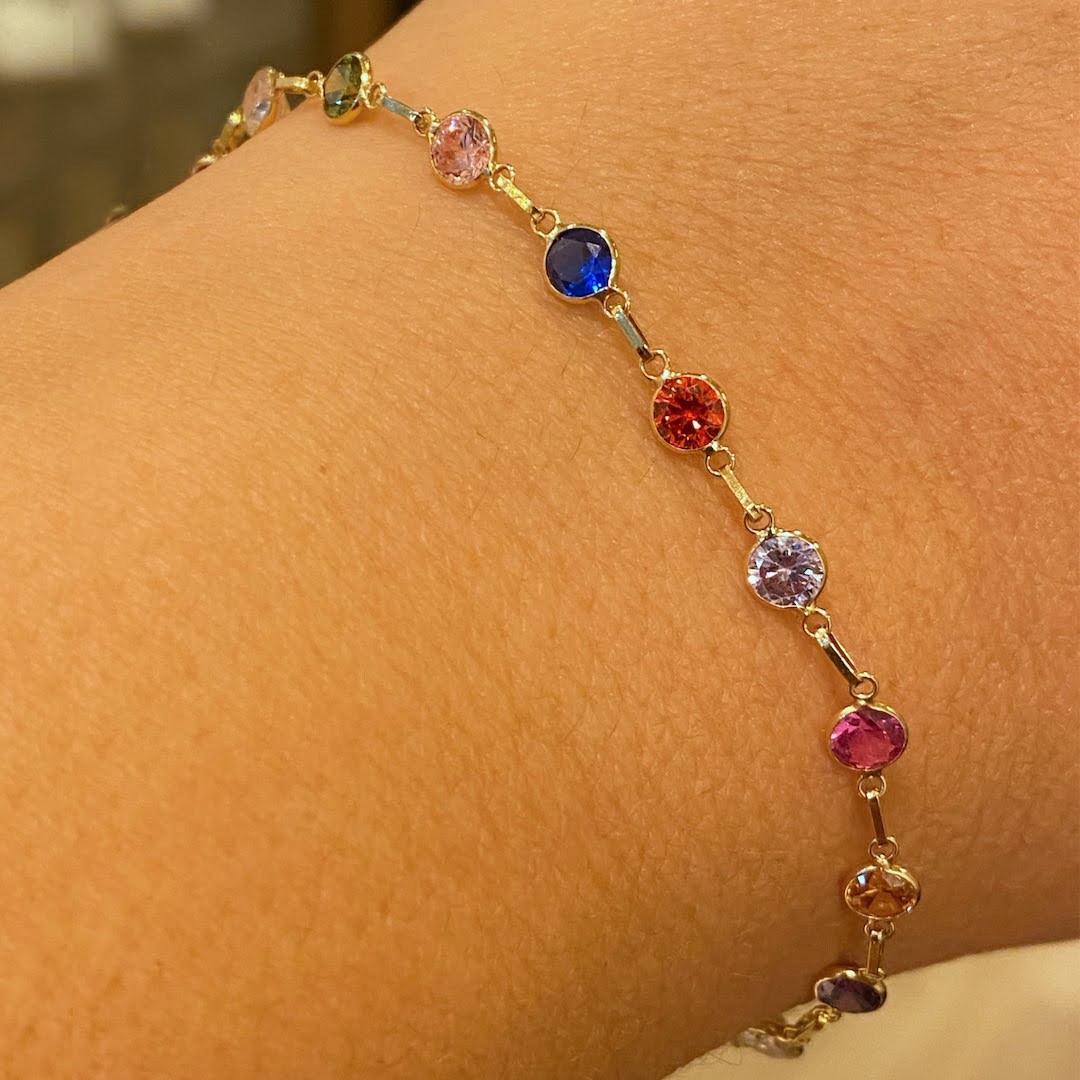 Pulseira De Zircônias Coloridas Em Ouro 18k 17cm Micheletti Joias 