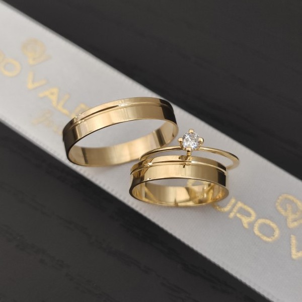 Par De Alianca Com Anel Solitario Tradicional Ouro 18k Preco