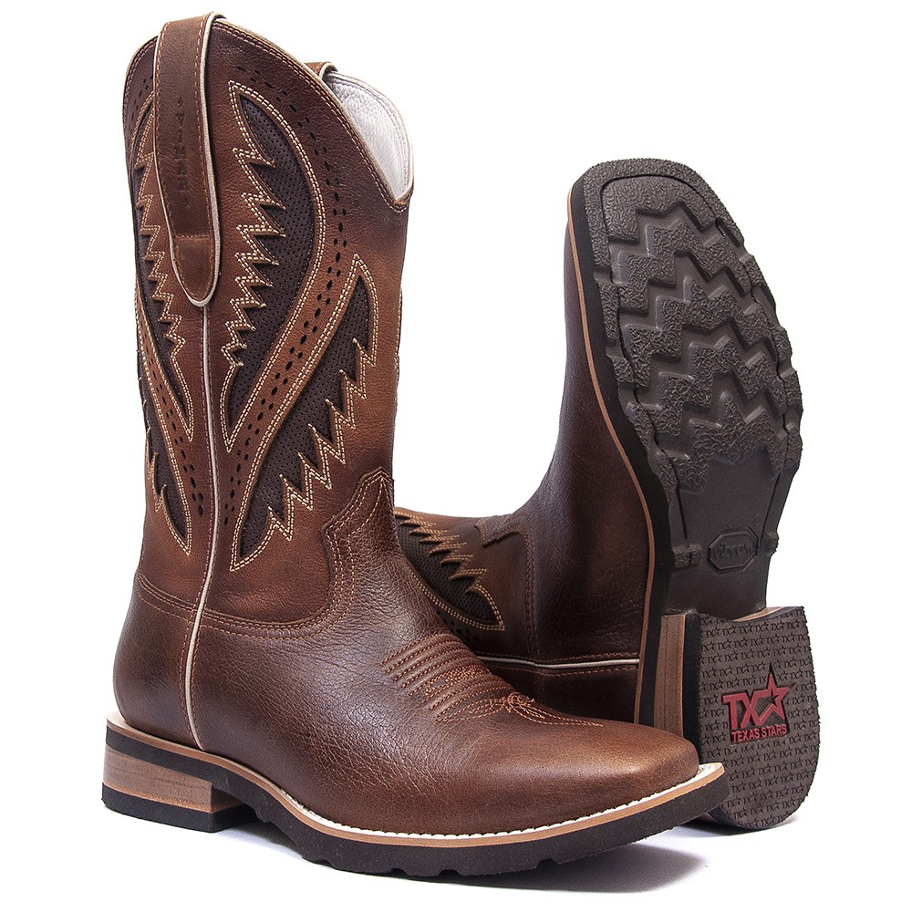 Bota Texana Masculina Texas Havana Bambu Café Roper Bico Quadrado Cano Longo