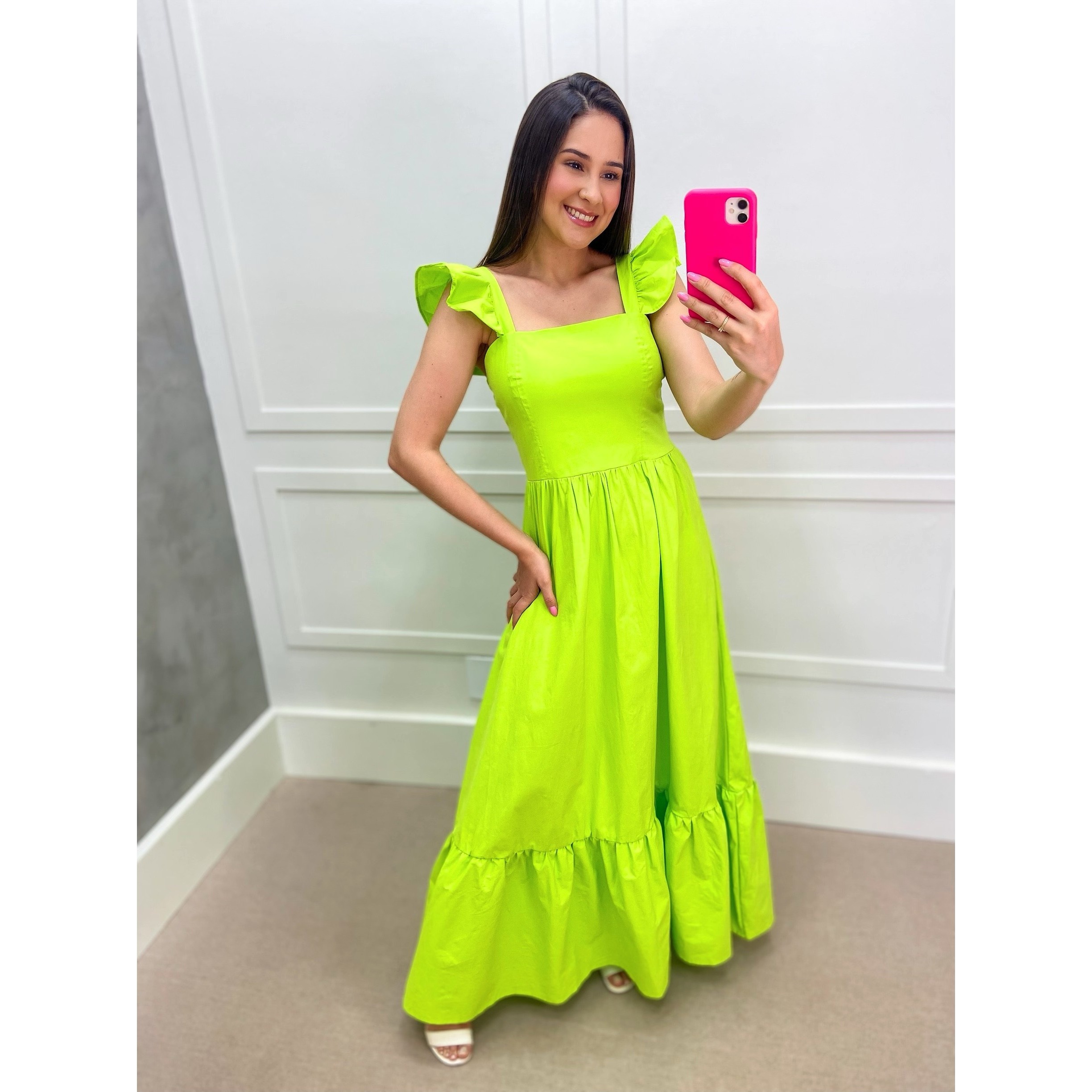VESTIDO MAXI ALÇA BABADO VERDE LIMA | Lelle & Co
