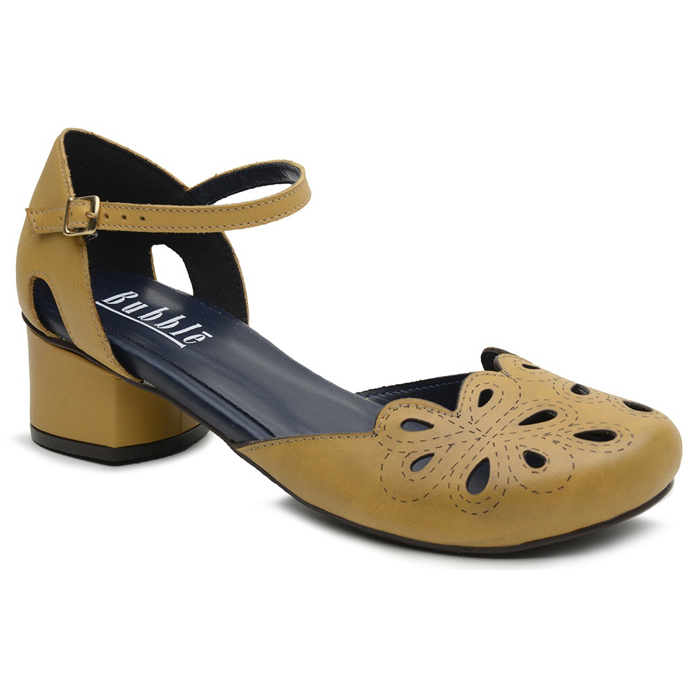 SAPATO BONECA SALTO GROSSO COURO MOSTARDA FLORES -600-280 | Sapato RetrÔ