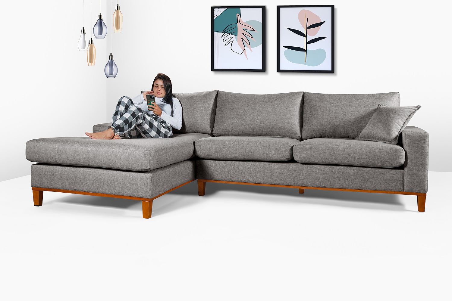 Sofá Com Chaise Direito de Linho Cinza 4 Lugares Living Califórnia |  Essencial Estofados - Fábrica de Móveis