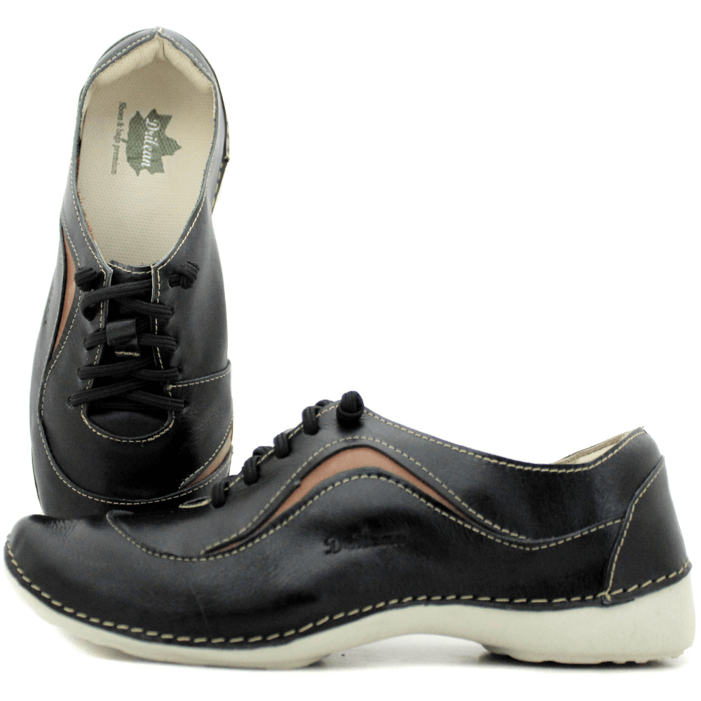 Tênis AL024 Preto - Castanho 100% couro com palmilha GEL | Drilean