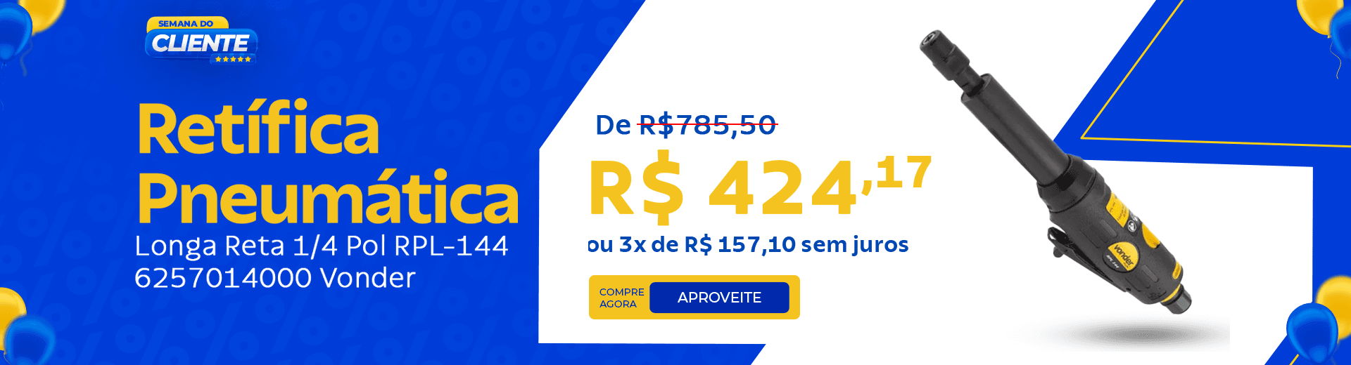 Retífica Pneumática Longa Reta - 1/4 Pol RPL-144 6257014000 Vonder