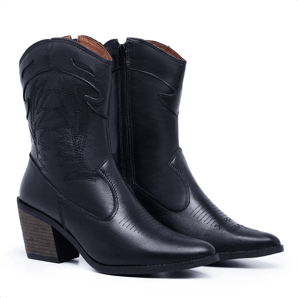 Bota Texana Ana Castela Feminina Bordada couro Preta | NAYKAZUMI