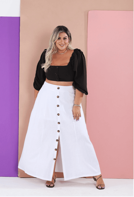 Botões Laterais Saia Longa Com Fenda E Botao Plus Size Saia Branca