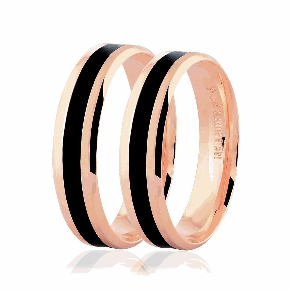 Par De Aliancas De Ouro Rose 18k Com Detalhe Pigmentado Negro 5mm