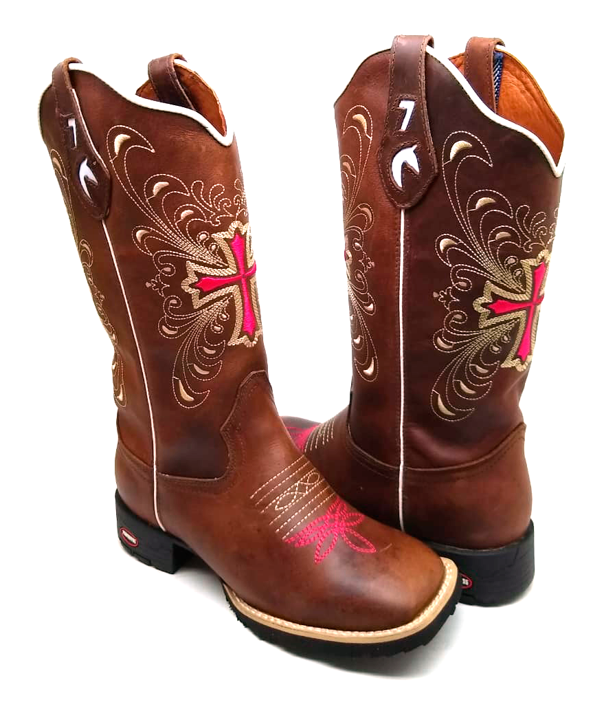 Bota Texana Em Couro Tribal Crucifixo Caf E Rosa Botas Texanas Fabi