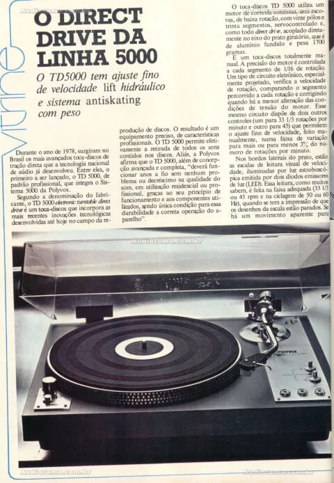 Artigo de Revista do novo lançamento toca-discos TD5000 direct drive da linha 5000 da Polyvox