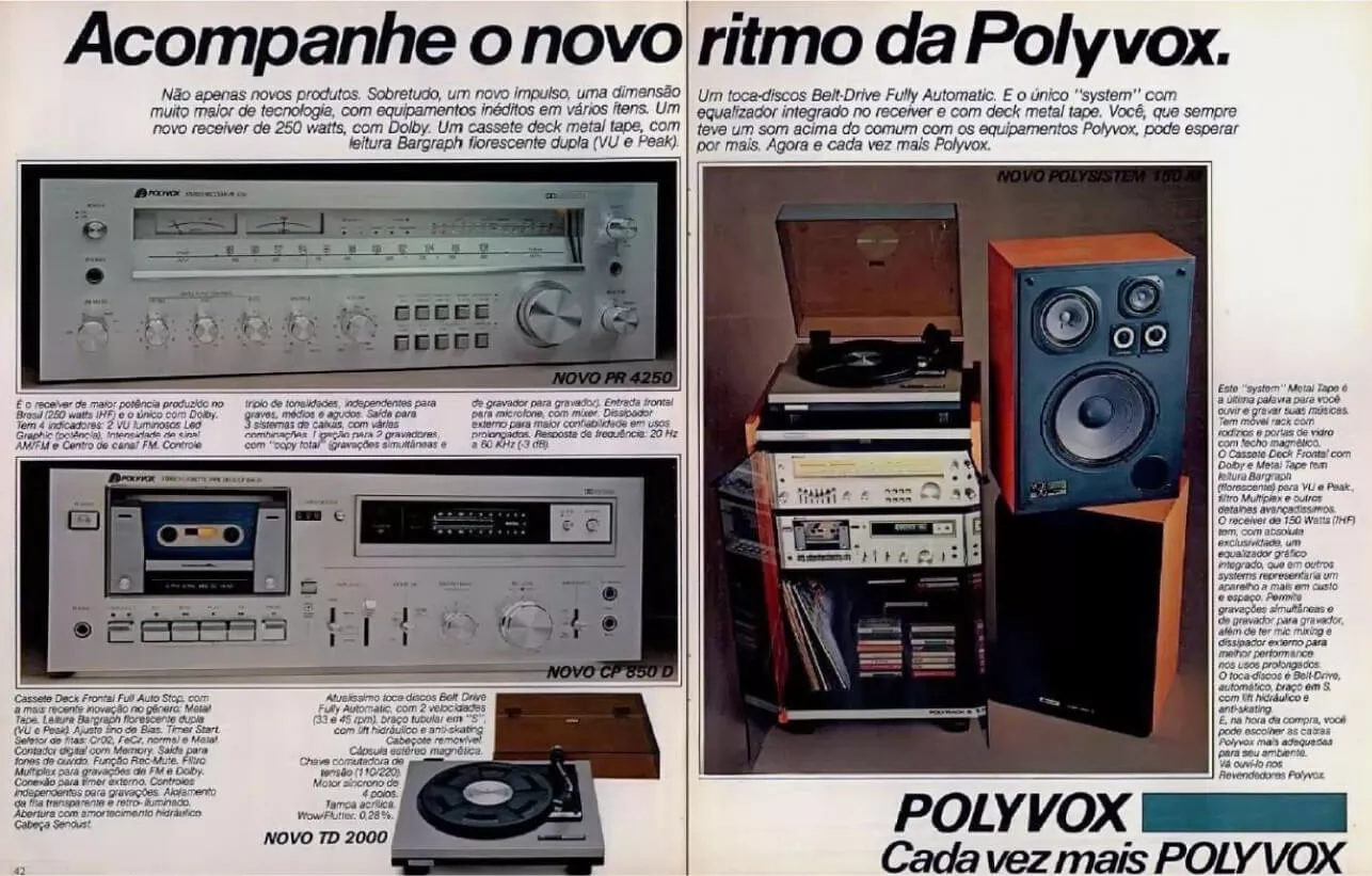 Artigo da Polyvox em um revista antiga, divulgando os novos lançamentos Receiver PR 4250, Cassete Deck CP 850D, Toca-discos TD 2000 e o Polysistem 150